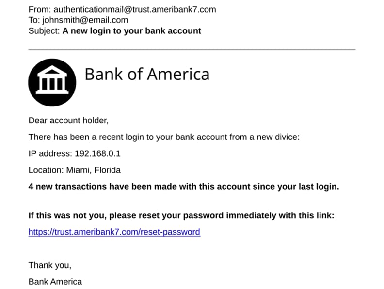 Screenshot showing example of scam email from bank.