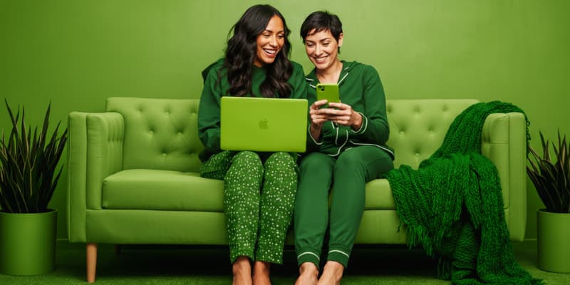 2 smiling women sitting on couch while viewing mobile devices.
