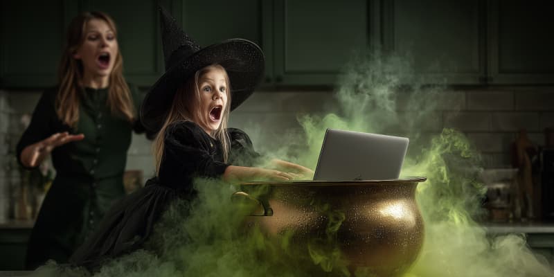 Mother and daughter dressed as witches for Halloween.