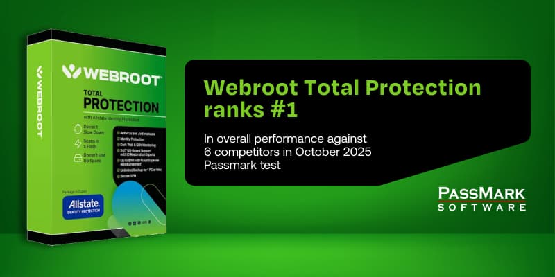 Webroot-branded image with this text: Webroot Total Protection ranks #1 in overall performance against 6 competitors in October 2025 Passmark test.