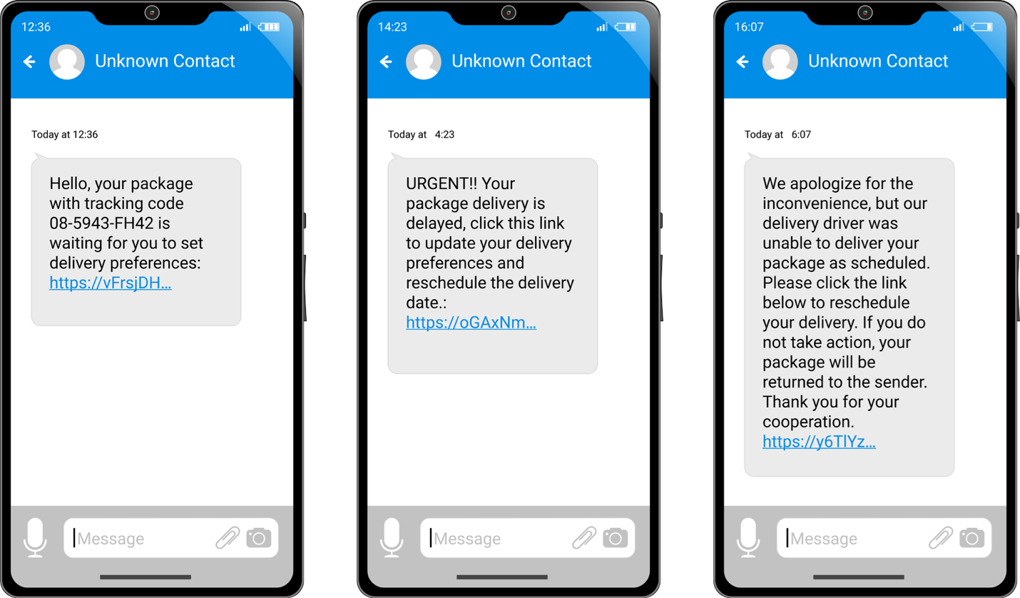 Graphic showing three examples of scam holiday texts on mobile phone screens.