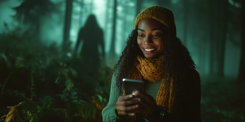 Photo illustration of woman viewing mobile phone with ghost behind her.