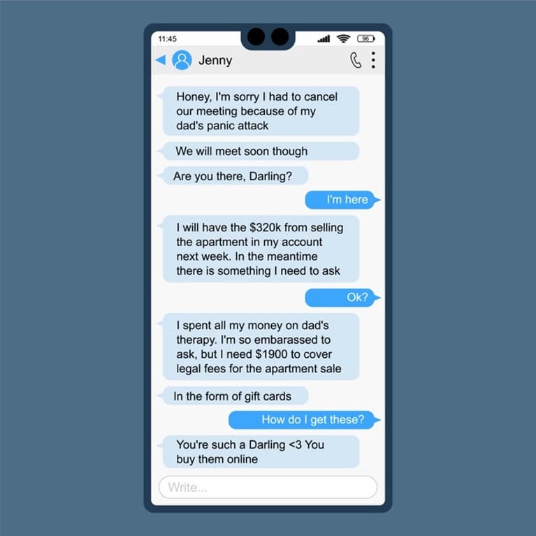 Screenshot of mobile phone screen with example of a texting scam.