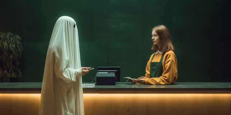 Photo illustration of ghost chatting with person.