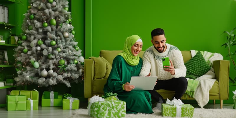 Couple using mobile devices near holiday tree.