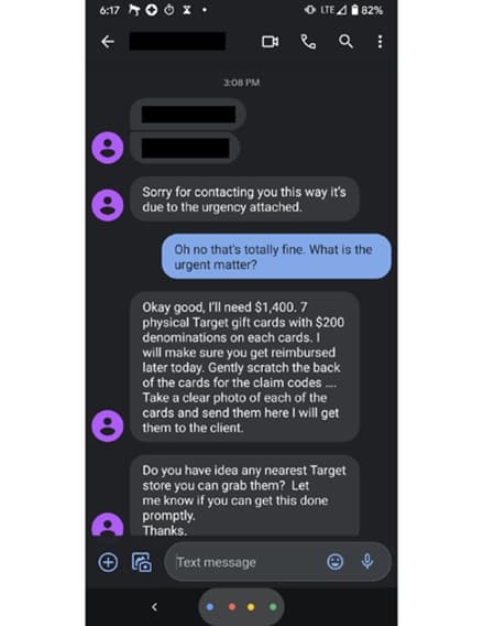 Graphic showing an example of a scam text asking for funds.